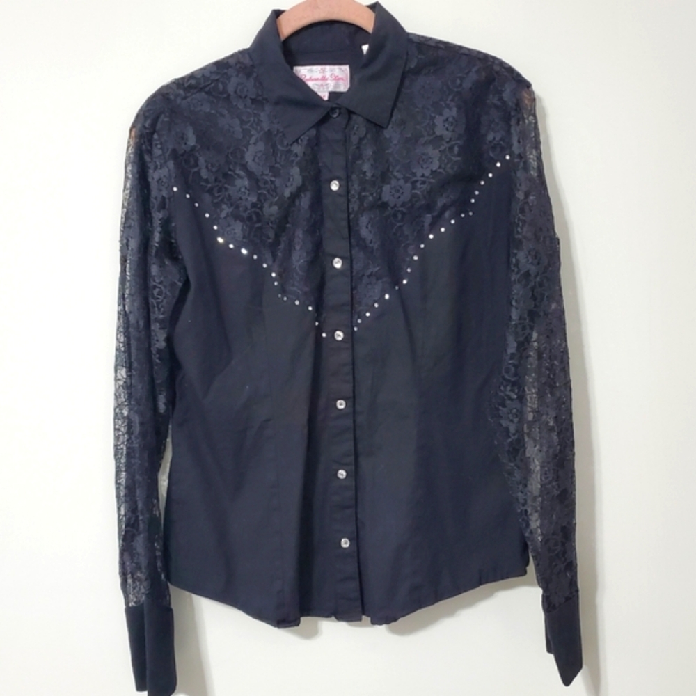 Panhandle Slim Lace Yoke Black Long Sleeve Button Shirt Western Rodeo Medium